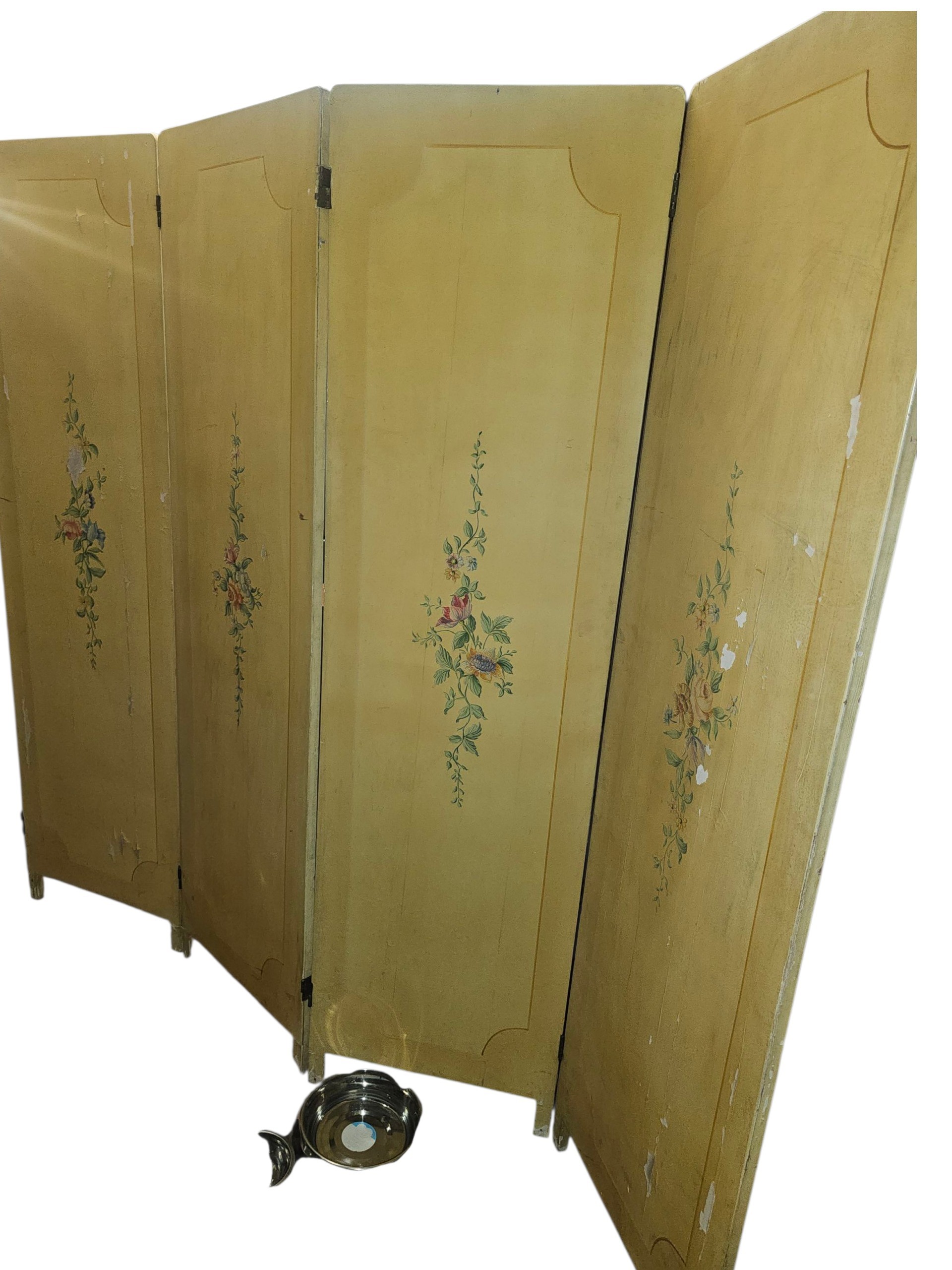 Paravan vintage din lemn, cu decor floral pictat 